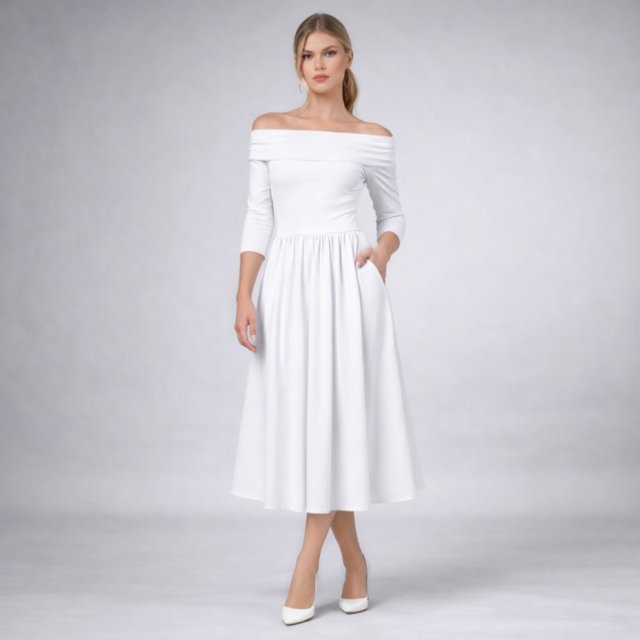 Oliwia - sukienka z odkrytymi ramionami i kieszeniami