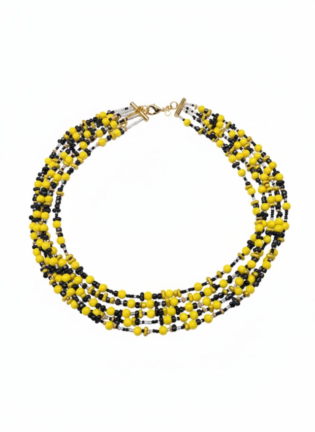 Wielowarstwowy Naszyjnik Boho - Słoneczna Energia w Czarnym Obramowaniu