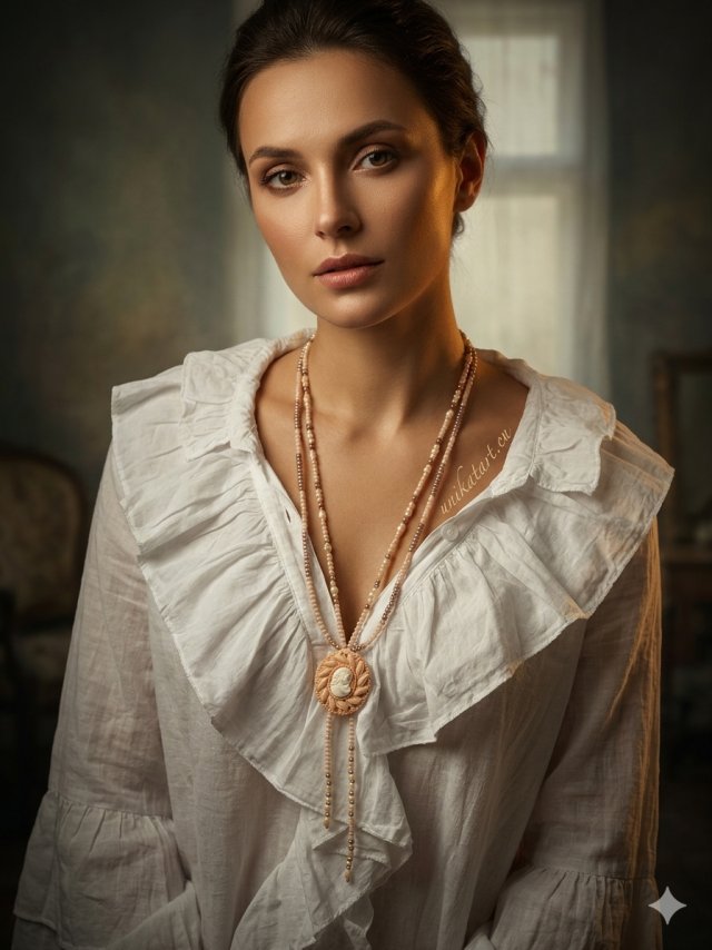 Naszyjnik wielorzędowy z kameą w stylu vintage – beżowy boho choker z koralikami