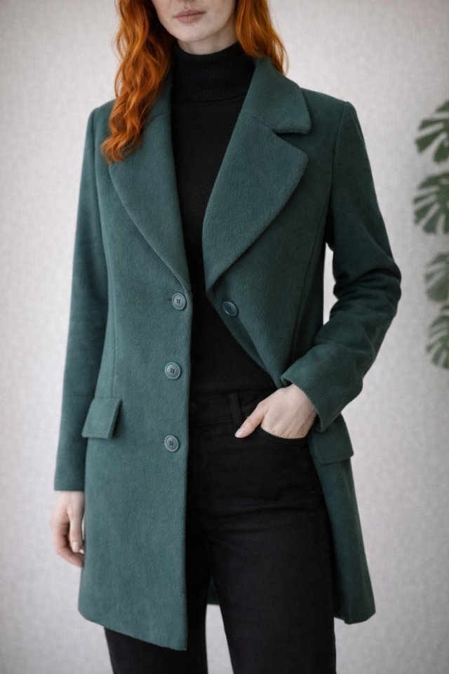 Zielony Turkusowy Morski płaszcz z kieszeniami – klasyczny, elegancki, rozmiar 38