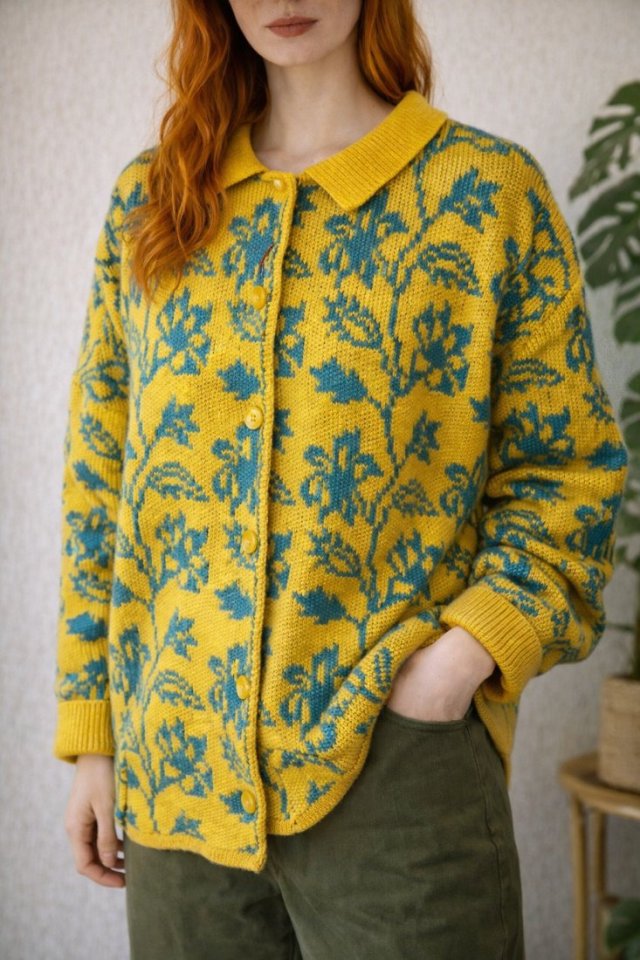 Żółty sweter Vintage w turkusowy wzór kołnierzyk unikat