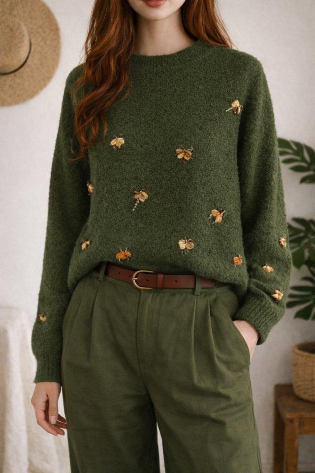 H&M zielony sweter w złote ważki pszczoły  owady Oversize