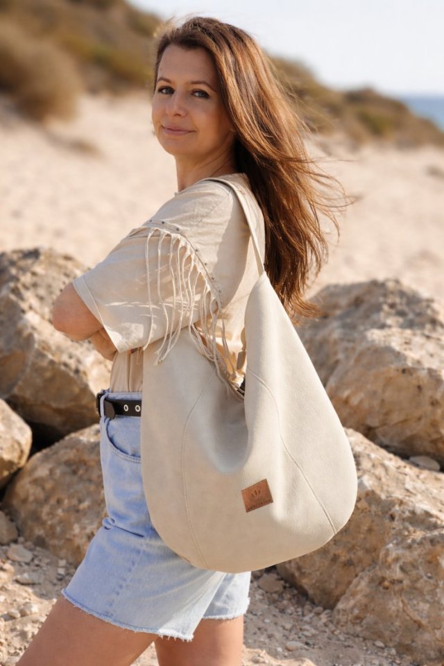 Worek hobo z nubuku ekologicznego Kremowy
