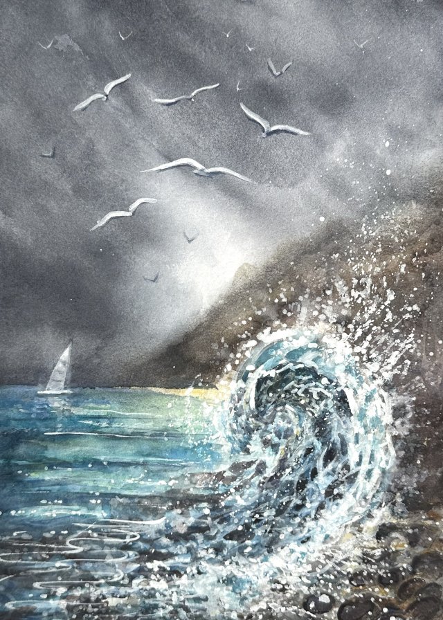 Wybrzeże morskie Original Akwarela A4