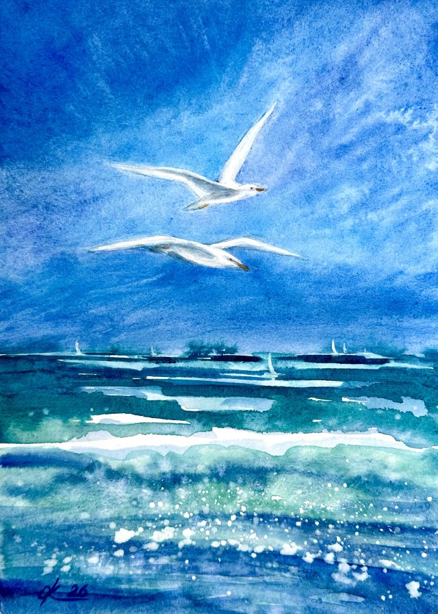 Mewy nad morzem Original Akwarela A4