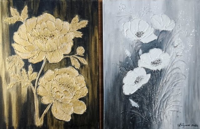 ELEGANCKI DYPTYK STRUKTURALNY Z WIDOCZNĄ TEKSTURĄ 3D - "SREBRO i ZŁOTO" 60x40cm (dostawa gratis)