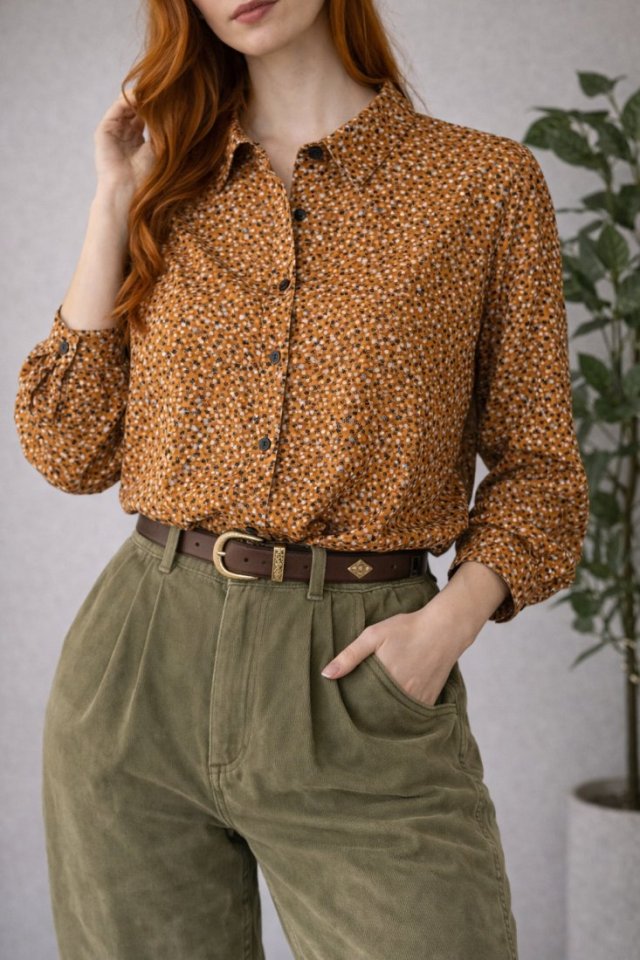 New Look Żółta Musztardowa koszula Retro w czarne i białe kropki z kołnierzykiem styl 70s