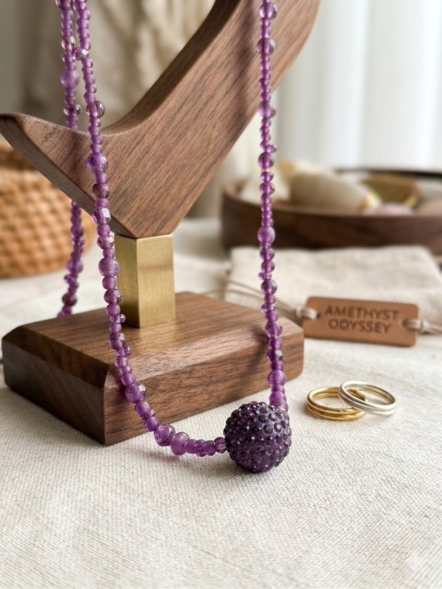 Naszyjnik Boho z Fioletowych Koralików Szklanych - Zapięcie Makrama