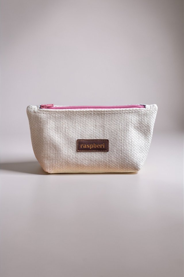 Pleciona kosmetyczka MIDI ecru różowy suwak