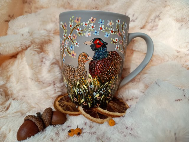 Bażanty ręcznie malowany kubek 300 ml.