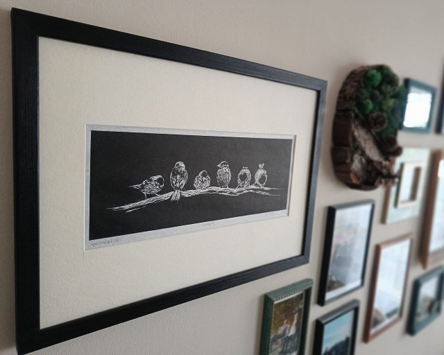 Wróble, ptaki - linoryt, ilustracja, grafika, obrazek, obraz, sztuka