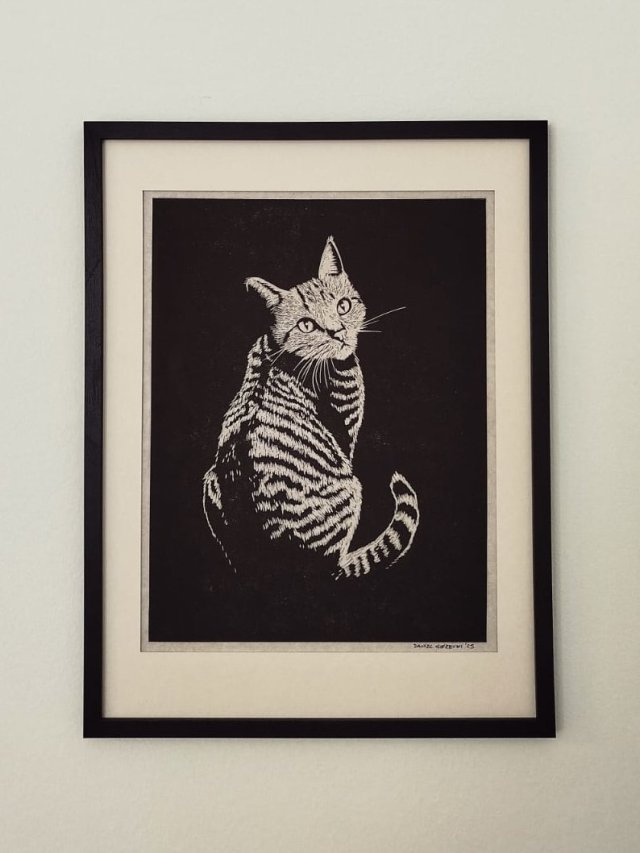 Kot, koteł - Linoryt, ilustracja, grafika, obrazek, obraz, sztuka