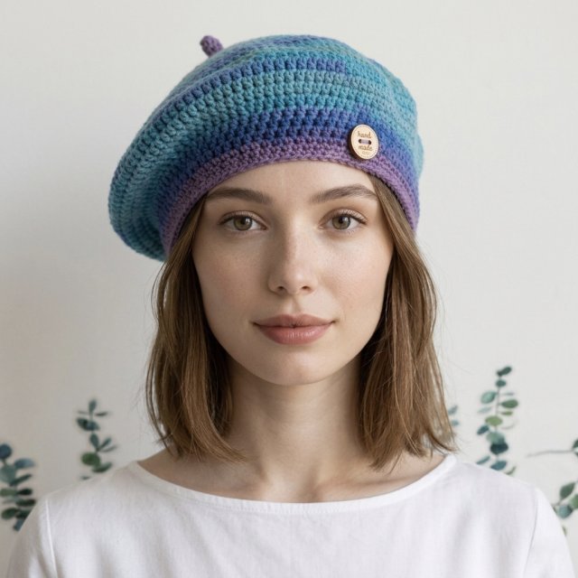 Wiosenny beret damski z antenką ręcznie robiony bawełna one size