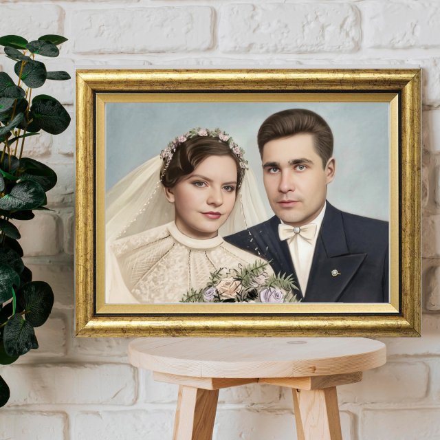 Oryginalny prezent na rocznicę ślubu | Monidło | Portret dla pary | Złota rama