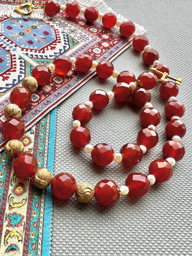 Natural Carnelian & Pearls Necklace ❤ Talizman szczęścia -Odwaga, kreatywnosć, ochrona.