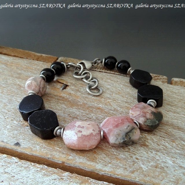PINK-BLACK bransoletka z rodochrozytu, turmalinu, onyksu i srebra