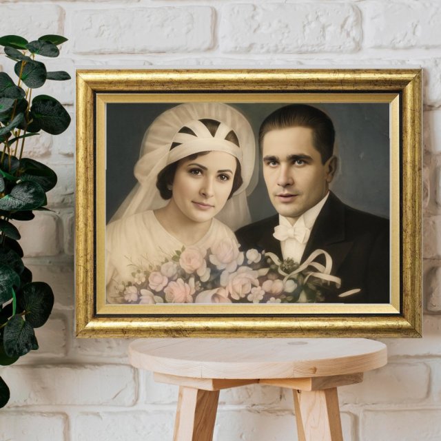 Monidło | Prezent dla Nowożeńców | Portret małżeński | W stylu retro | Złota rama