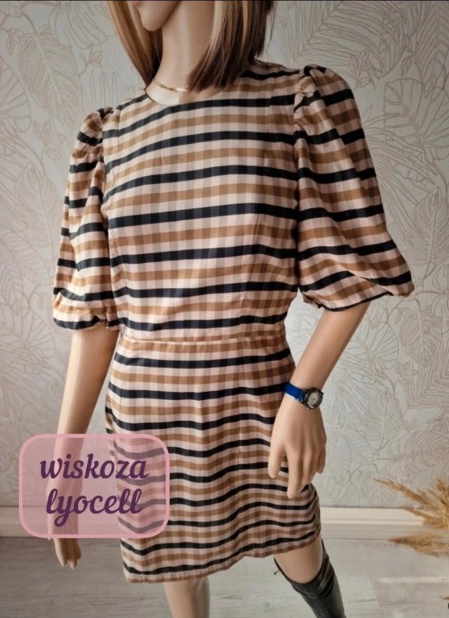 P4 Boska sukienka w kratkę brąz czerń dobry skład bufiaste rękawy 34 XS na jesień