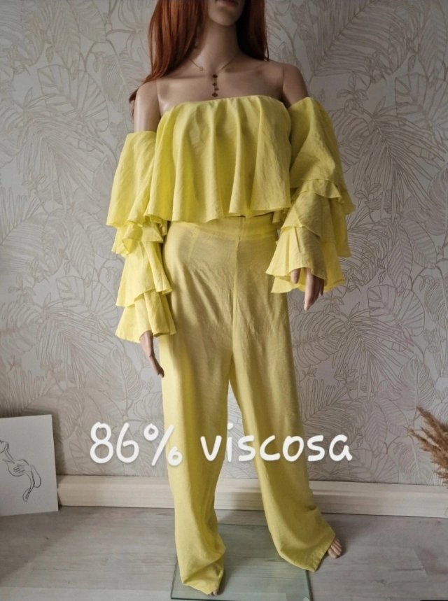 PrettyLittleThing komplet zestaw 40 L wiskoza limonka lato bluzka spodnie szerokie wysoki stan