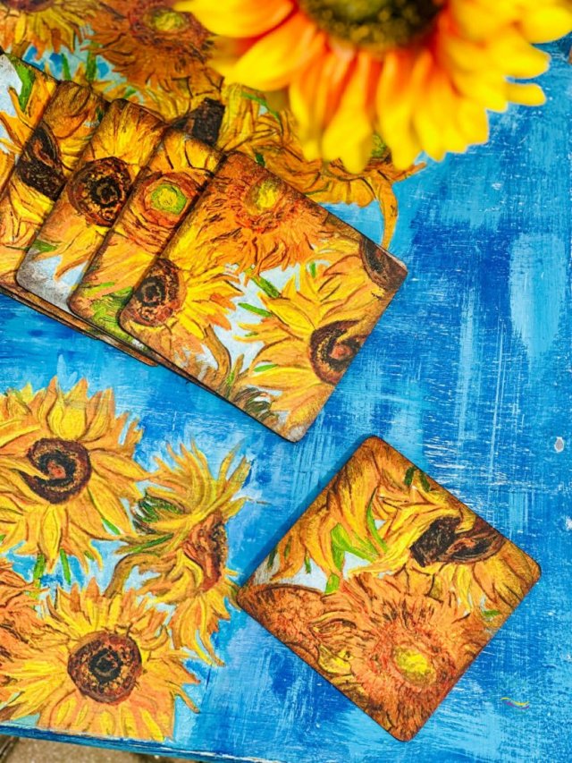 Podkładki pod kubki, dekoracja ze słonecznikami, sielskie, prezent