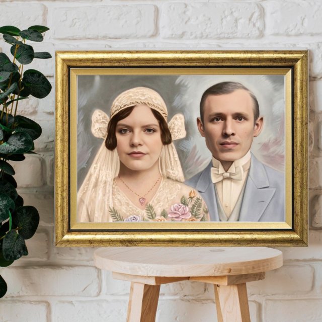 Pamiątka ślubu w stylu vintage | Portret monidło dla pary młodej | Złota rama