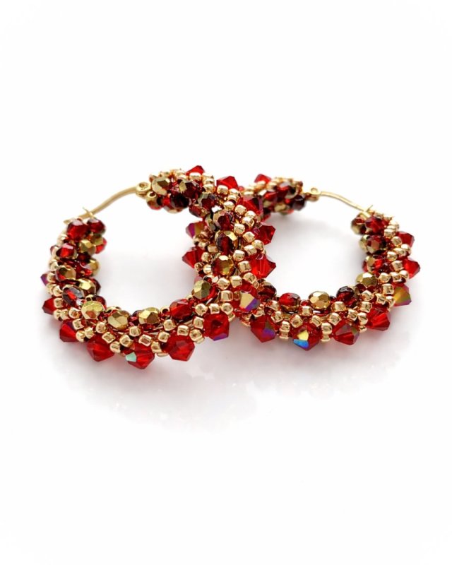 Czerwono-Złote Kolczyki Koła "Siam AB" z Kryształów Preciosa