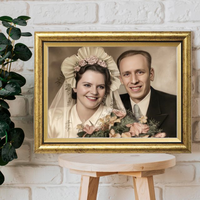 Portret ślubny ze zdjęcia | Nowoczesne monidło w drewnianej ramie | Złota rama
