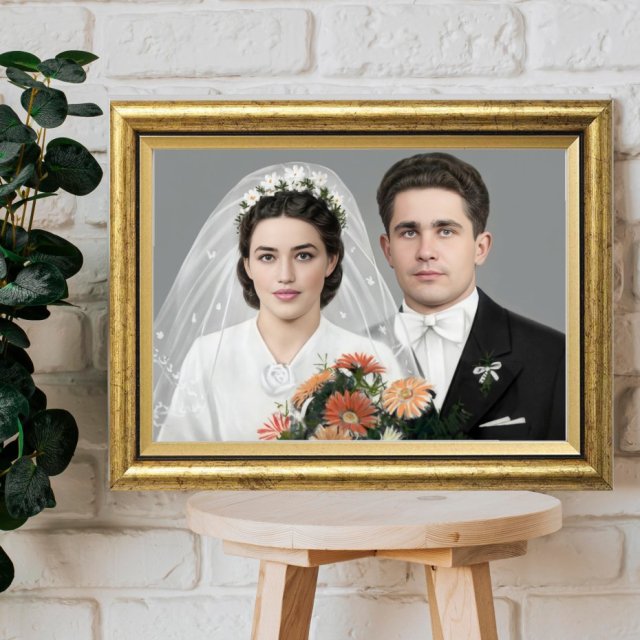 Personalizowane monidło 30x40 cm | Gotowy portret ślubny do powieszenia | Złota rama
