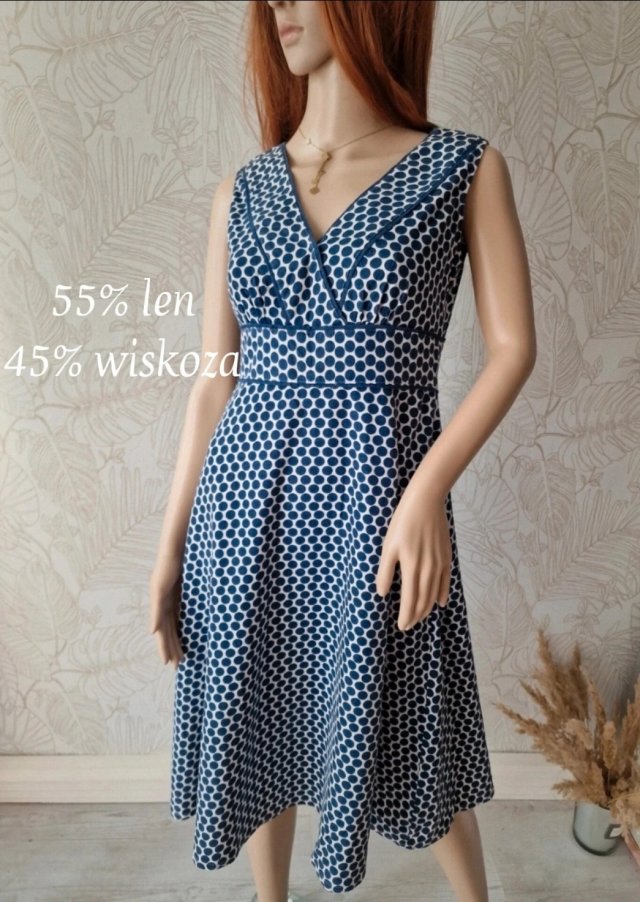 Sukienka na lato biała granatowe grochy 38 M len wiskoza