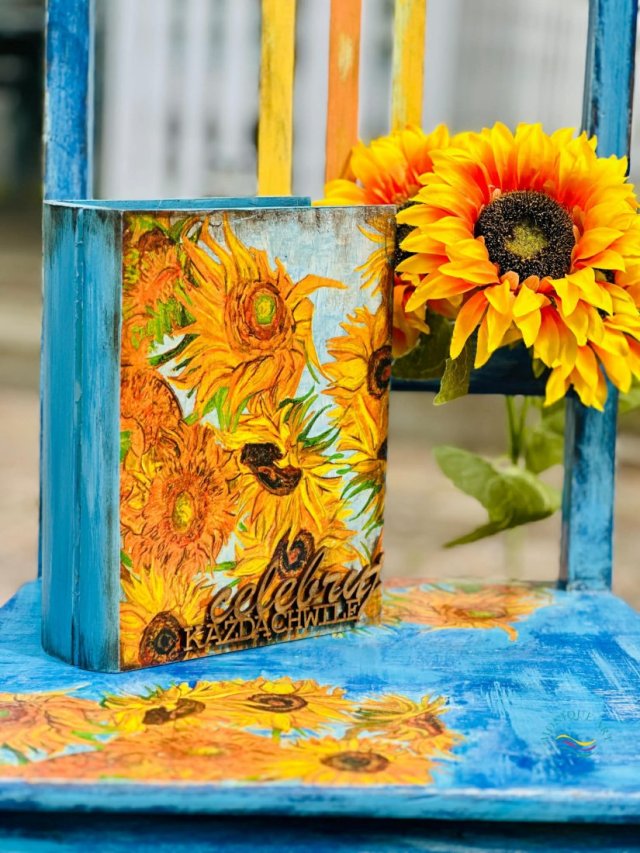 Dekoracyjny kufer książka ze słonecznikami, idealny na prezent, cytat