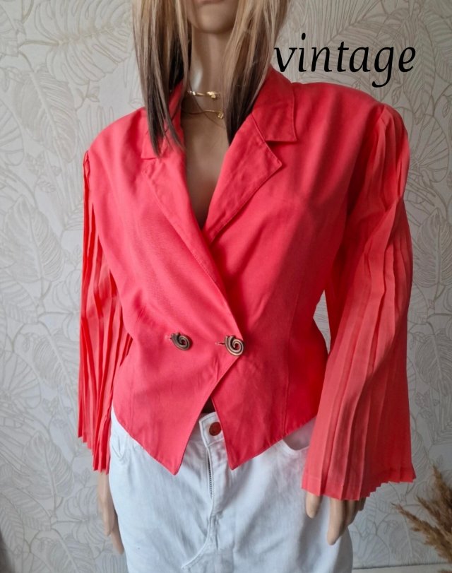 No439 Oscar Vintage bluzka elegancka koralowa długie plisowane rękawy M 38