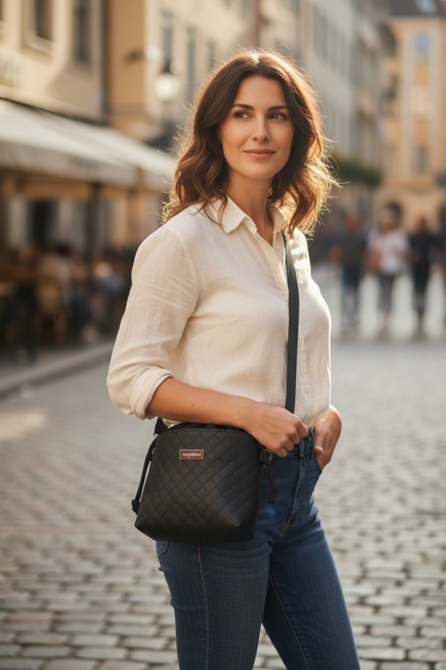 Czarna pikowana listonoszka z kominem