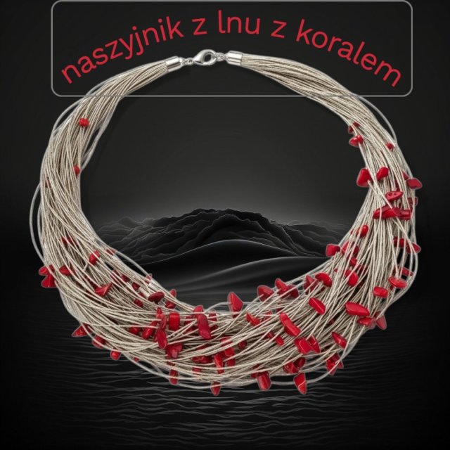 NASZYJNIK Z LNU Z CZERWONYM KORALEM