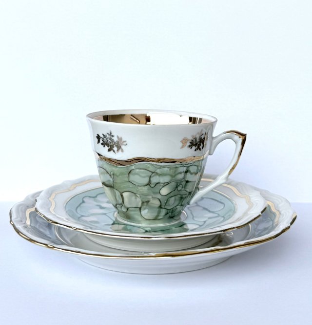 Kolekcjonerskie Trio Wałbrzych Pamiątka I Komunii Świętej Zestaw śniadaniowy zielony marmurek złoto