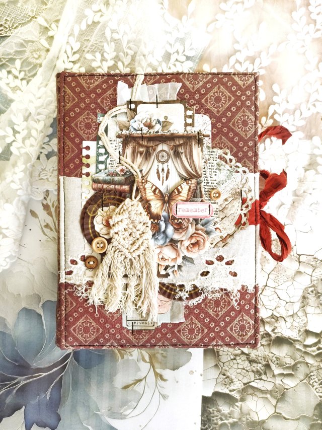 Boho Junk Journal A5 - Ręcznie robiony notes vintage z koronką