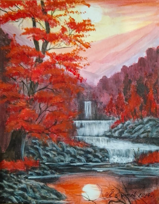 PEJZAŻ AKRYLOWY RĘCZNIE MALOWANY NA PŁÓTNIE "KARMAZYNOWA KASKADA" - 30x24cm (darmowa dostawa)