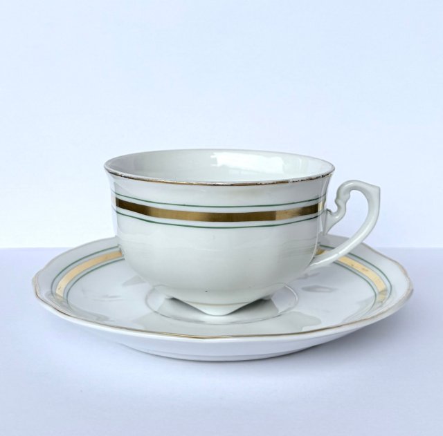 Stara filiżanka Ćmielów lata 50 - 60 złocenia zielone linie Mid-Century Modern