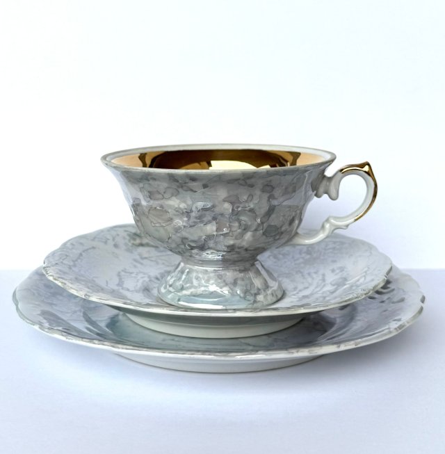 Zestaw śniadaniowy marmurek Wawel porcelana złocone wnętrze vintage PRL Polski design