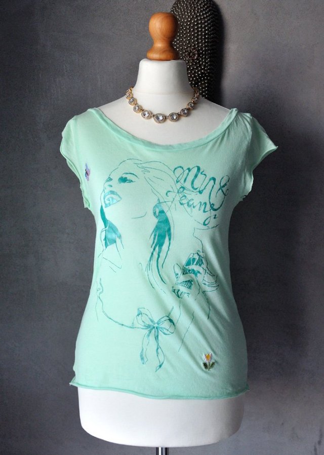 Seledynowy miętowy t-shirt print hafty XS S
