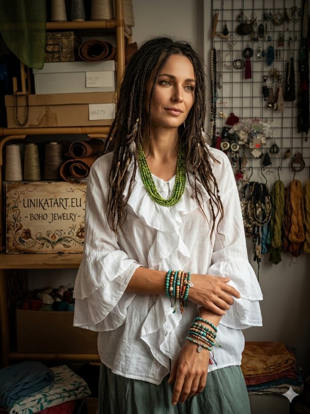 Wielowarstwowy naszyjnik z koralików w odcieniach oliwki i mchu - rękodzieło boho