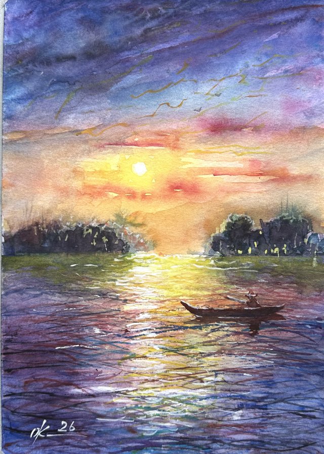 Zachód słońca w lagunie. Original Akwarela A4