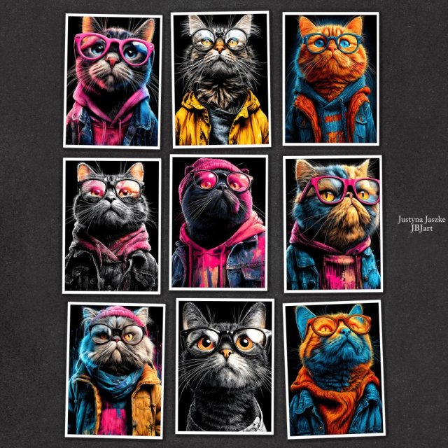 Miejskie koty - zestaw 9 grafik 15x21 cm