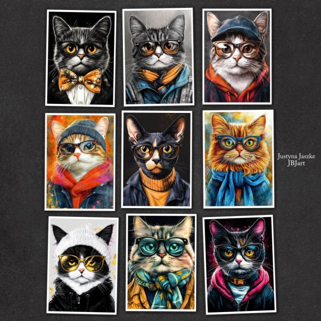 Hipsterskie koty 2 - zestaw 9 grafik 15x21 cm