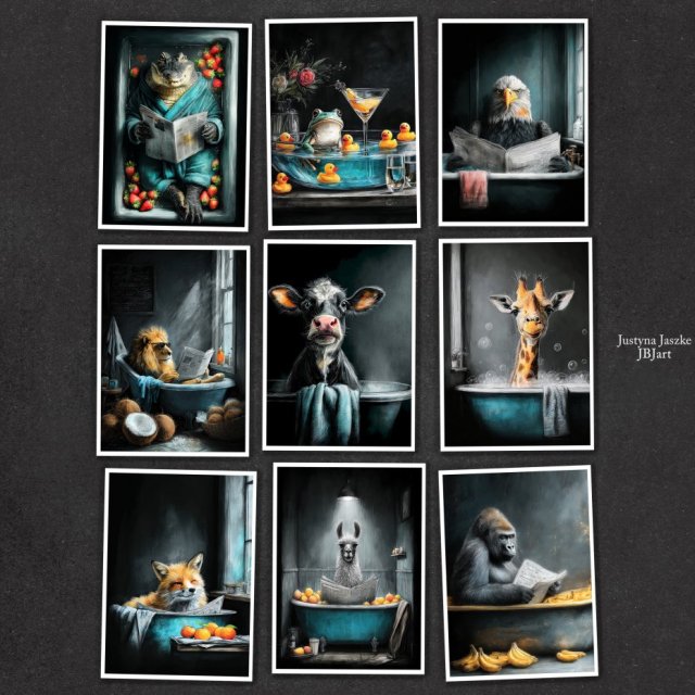 Zwierzęta w kąpieli - zestaw 9 grafik 15x21 cm