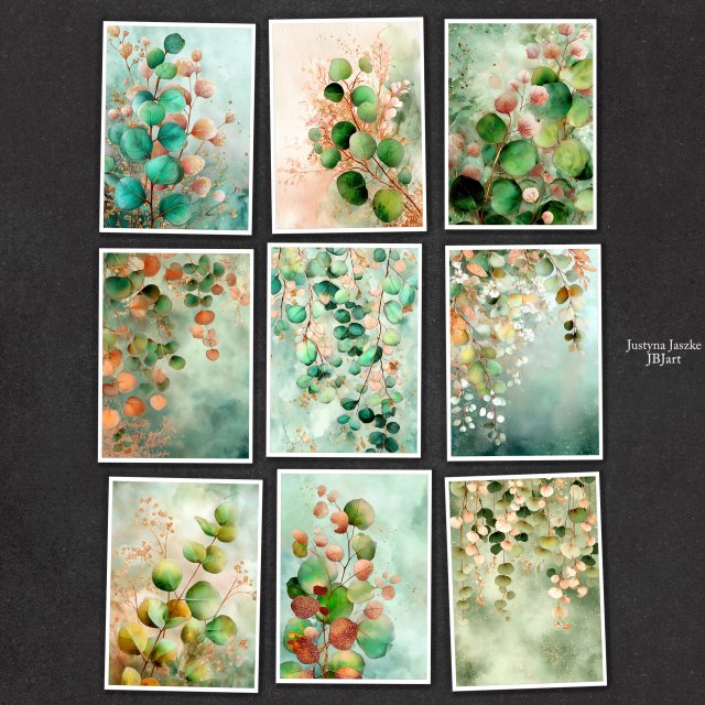 Eukaliptus liście - zestaw 9 grafik 15x21 cm