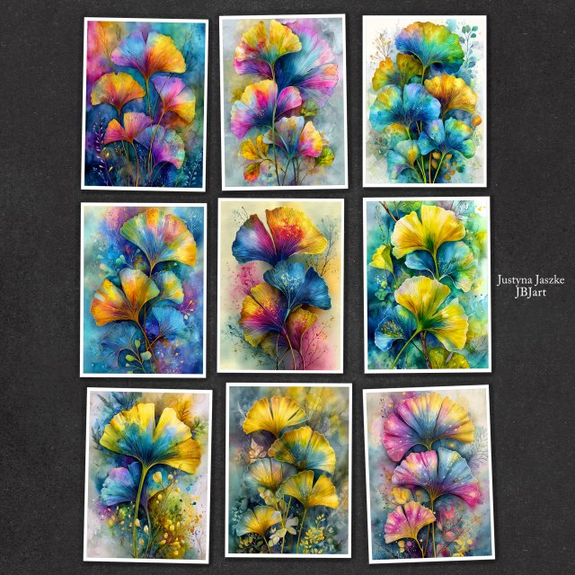 Ginkgo Biloba liście - zestaw 9 grafik 15x21 cm