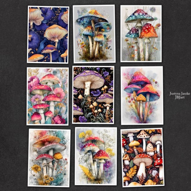 Magiczne grzyby - zestaw 9 grafik 15x21 cm