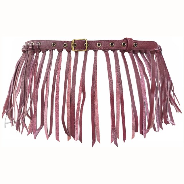 Pasek skórzany z frędzlami – burgundowy
