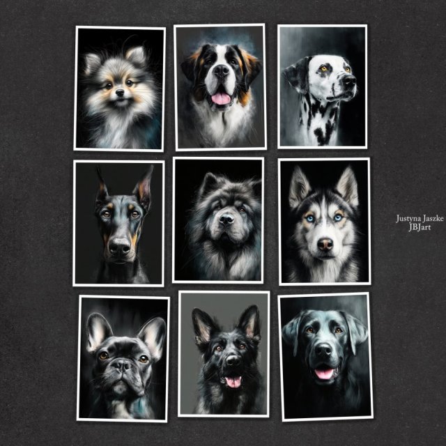 Psie portrety - zestaw 9 grafik 15x21 cm