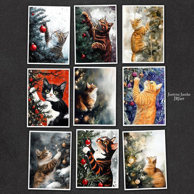 Koty kochają choinki - zestaw 9 grafik 15x21 cm